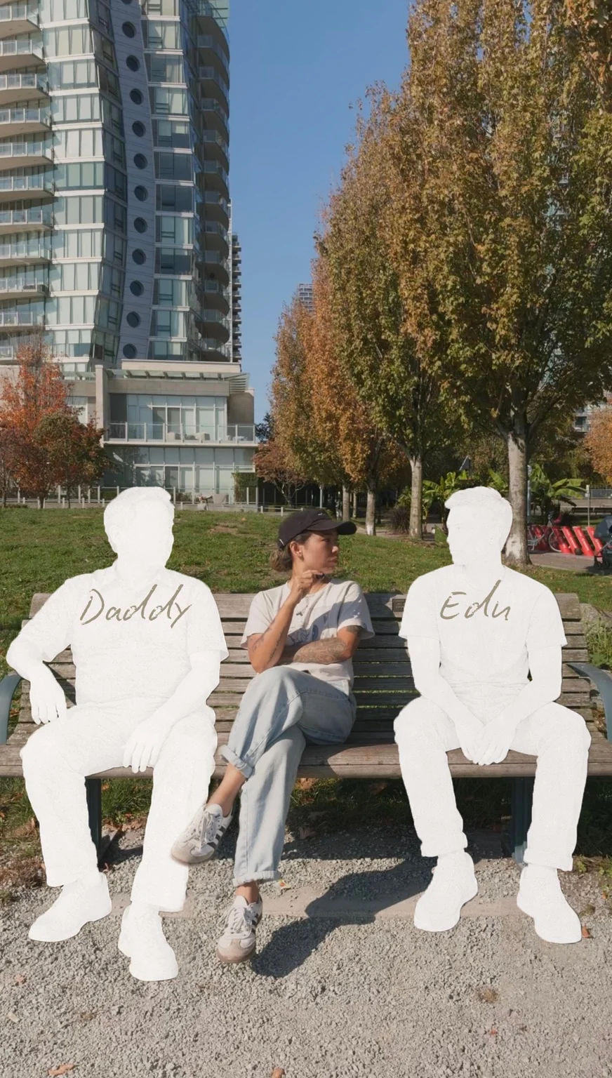 Daddy’s white silhouette on a bench beside the person remembering him.