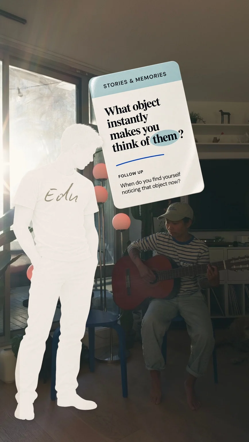 Edu’s white silhouette beside a person playing guitar, with a conversation prompt above them.