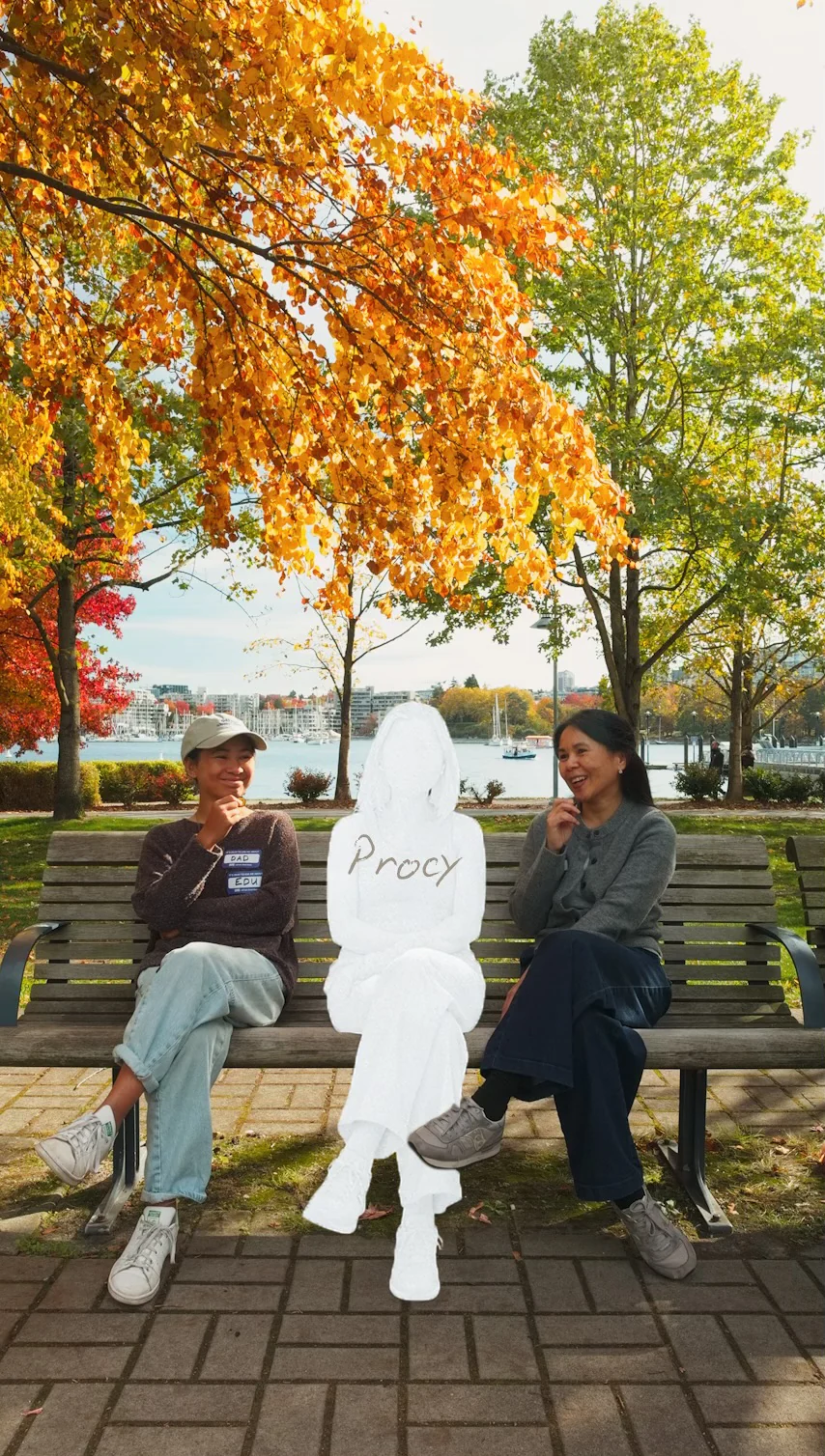 Procy’s white silhouette between two people in conversation.